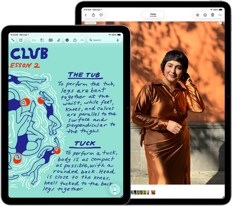 Two iPad Air, sizes: 11-inch and 13-inch, 11-inch shows colorful text on the Notes app, 13-inch screen shows a photo of a person on the Photos app