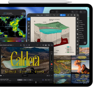 iPad Pro, front exterior, landscape orientation, space black color, Apple Pencil resting atop device, display showing multiple app windows tiled, including Final Cut Pro with multiple video editing features and timeline, Maps, Notes, and various media clips