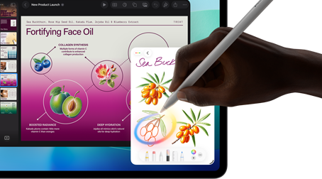 iPad Pro, front exterior display with dark blue and green gradient background with multiple apps open, hand holding Apple Pencil Pro circling a sketch showing Apple Intelligence Image Wand feature