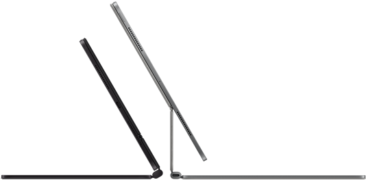 2 iPad Pro devices attached to Magic Keyboard, side exterior, thin profile, space black color with speakers and USB-C port, tilted half open, silver color, open, tilted back showing the keyboard's floating cantilever design, speakers and microphone