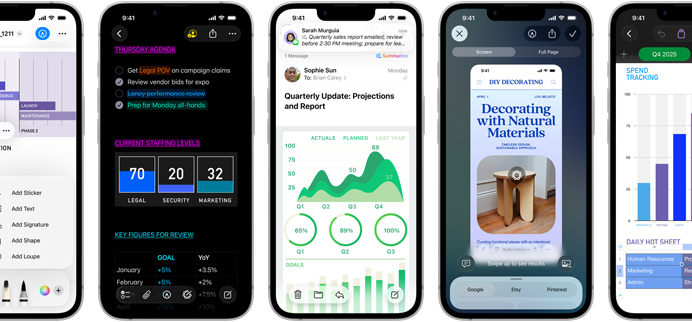 Few side-by-side iPhone 17e devices in portrait orientation showcasing performance with different graphs, charts and productivity business apps like Preview, Notes, Mail, Visual Intelligence, and Numbers