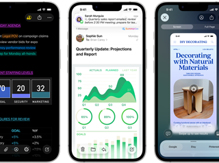 Few side-by-side iPhone 17e devices in portrait orientation showcasing performance with different graphs, charts and productivity business apps like Preview, Notes, Mail, Visual Intelligence, and Numbers