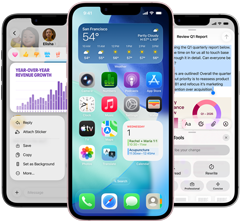 Few side-by-side iPhone 17e devices showing a photo of a graph in the Messages app, home screen with the Weather widget and apps displayed, and Notes app with Apple Intelligence Writing Tools in use
