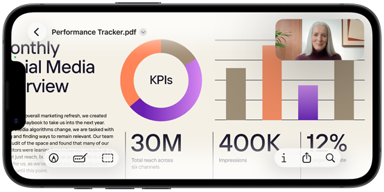 iPhone 17e in landscape orientation displaying a FaceTime call to review a presentation on Preview
