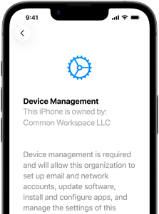 Partial view of iPhone 17e in portrait orientation, displaying the Settings app with Device Management open