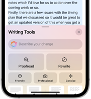 iPhone 16e, on-screen: Apple Intelligence Writing Tools bottom menu overlaps highlighted user-entered text, tool options: Describe your change, Proofread, Rewrite, Friendly, Professional, Concise