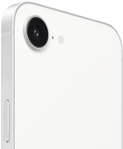 Exterior back of iPhone 16e in White, centered Apple logo, 2-in-1 camera system, exterior side power button