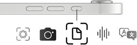 Three buttons on left exterior side of iPhone 16e, icons below phone indicating Action button options: Apple Intelligence, camera, scan document, sound wave, translation