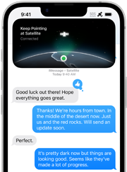 iPhone 16e, satellite location indicator, Keep Pointing at Satellite, Connected, iMessage via Satellite, iMessages exchanged between two users, one user notes getting reception in the middle of a dessert