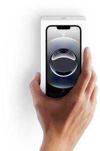 A hand holds an Apple iPhone 16e box, iPhone 16e screen imprinted on the front exterior