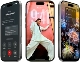 3 iPhone 17 Pro models, front exterior, side by side, demonstrating iOS 26, liquid glass affect and Apple Intelligence feature