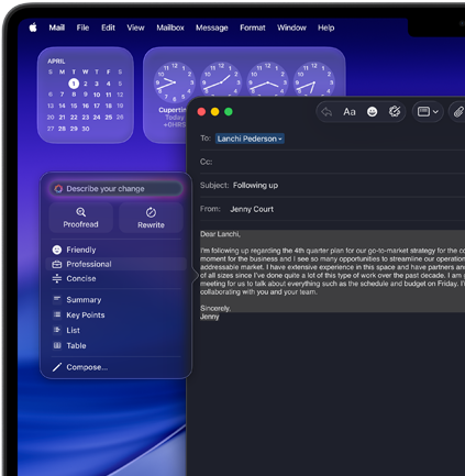 Apple Intelligence Writing Tools helping to edit an email on a 14-inch MacBook Pro screen with the Clock and Calendar widgets in the background