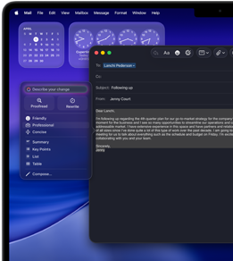 Apple Intelligence Writing Tools helping to edit an email on a 14-inch MacBook Pro screen with the Clock and Calendar widgets in the background