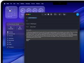 Apple Intelligence Writing Tools helping to edit an email on a 14-inch MacBook Pro screen with the Clock and Calendar widgets in the background