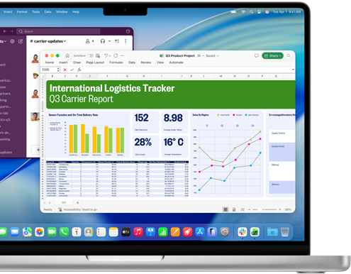 Microsoft Excel spreadsheet shows data compiled into graphs, charts, and a table alongside a Slack chat window on a 14-inch MacBook Pro