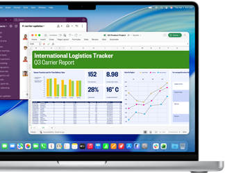 Microsoft Excel spreadsheet shows data compiled into graphs, charts, and a table alongside a Slack chat window on a 14-inch MacBook Pro