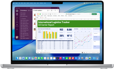 Microsoft Excel spreadsheet shows data compiled into graphs, charts, and a table alongside a Slack chat window on a 14-inch MacBook Pro