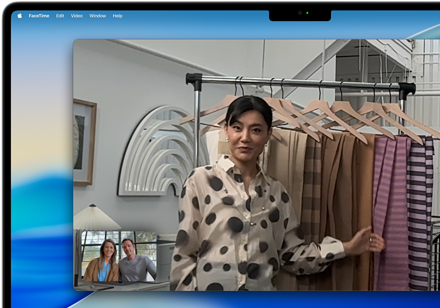 FaceTime window with a business owner centered in the frame of a video call on a 16-inch MacBook Pro