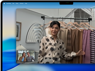 FaceTime window with a business owner centered in the frame of a video call on a 16-inch MacBook Pro