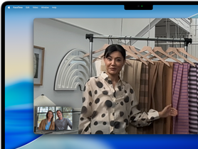 FaceTime window with a business owner centered in the frame of a video call on a 16-inch MacBook Pro