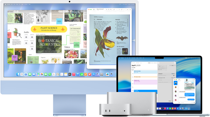 Sitting side-by-side, a 24-inch iMac, a 15-inch MacBook Air, a Mac mini, and a Mac Studio run a variety of apps: Freeform, Preview, Calendar, and Messages