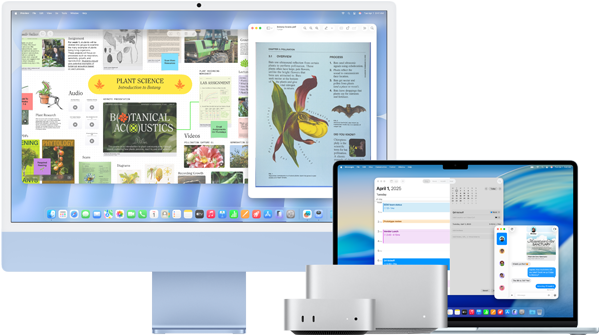 Sitting side-by-side, a 24-inch iMac, a 15-inch MacBook Air, a Mac mini, and a Mac Studio run a variety of apps: Freeform, Preview, Calendar, and Messages