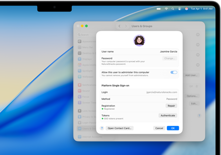 An employee's Single Sign on details in a System Settings window for Users and Groups, shown on a 16-inch MacBook Pro