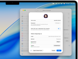 An employee's Single Sign on details in a System Settings window for Users and Groups, shown on a 16-inch MacBook Pro