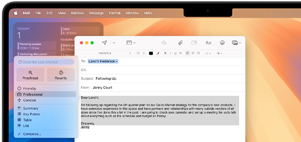 An open email in progress in the Mail app, text highlighted, with Apple Intelligence Writing Tools rewriting options open and a professional tone selected