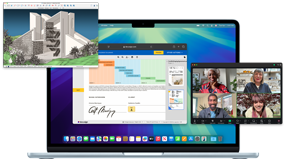 Several screens demonstrate the ease of running multiple apps at once, including webpages in Safari, a video call in Zoom, and a file in SketchUp, on MacBook Air