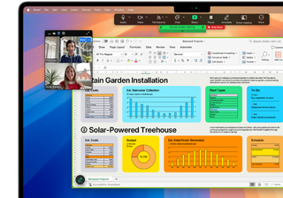 Graphs, charts, and a video call are open and active on a 16-inch MacBook Pro to demonstrate the compability of macOS with Microsoft Excel and Zoom