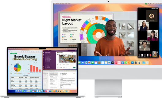 An open 15-inch MacBook Air in Silver running Mail, Numbers, and Slack, next to a 24-inch iMac showing a person giving a Keynote presentation on FaceTime