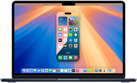 The iPhone Mirroring feature shown on a MacBook Air, where an iPhone screen with various apps is superimposed against the desktop background