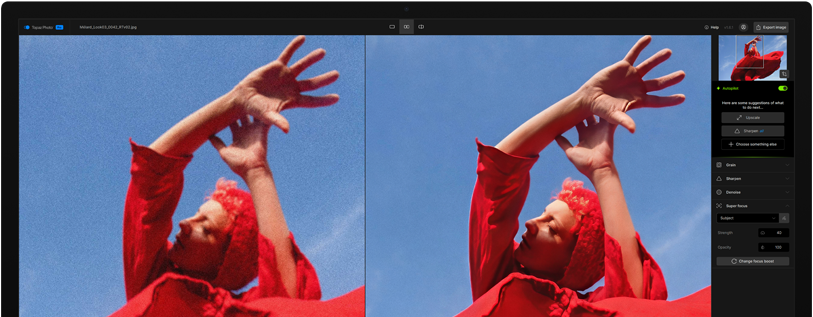 Studio Display screen showcases two versions of the same image, image on right has been made clearer than image on right using AI
