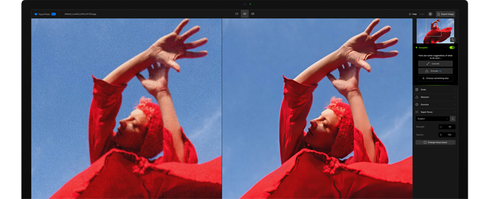 Studio Display screen showcases two versions of the same image, image on right has been made clearer than image on right using AI