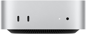 Mac mini, front, two Thunderbolt ports, status indicator light and headphone jack, tapered black base at bottom, flat top, rounded sides, straight edges, silver color