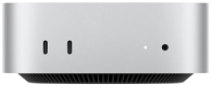 Mac mini, front, two Thunderbolt ports, status indicator light and headphone jack, tapered black base at bottom, flat top, rounded sides, straight edges, silver color