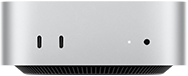 Mac mini, front, two Thunderbolt ports, status indicator light and headphone jack, tapered black base at bottom, flat top, rounded sides, straight edges, silver color