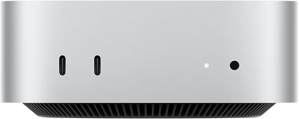 Mac mini, front, two Thunderbolt ports, status indicator light and headphone jack, tapered black base at bottom, flat top, rounded sides, straight edges, silver color