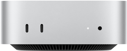 Mac mini, front, two Thunderbolt ports, status indicator light and headphone jack, tapered black base at bottom, flat top, rounded sides, straight edges, silver color