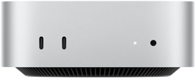 Mac mini, front, two Thunderbolt ports, status indicator light and headphone jack, tapered black base at bottom, flat top, rounded sides, straight edges, silver color