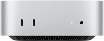 Mac mini, front, two Thunderbolt ports, status indicator light and headphone jack, tapered black base at bottom, flat top, rounded sides, straight edges, silver color