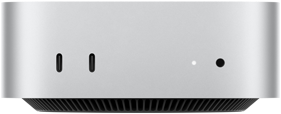 Mac mini, front, two Thunderbolt ports, status indicator light and headphone jack, tapered black base at bottom, flat top, rounded sides, straight edges, silver color