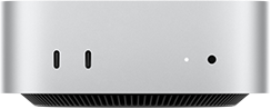 Mac mini, front, two Thunderbolt ports, status indicator light and headphone jack, tapered black base at bottom, flat top, rounded sides, straight edges, silver color