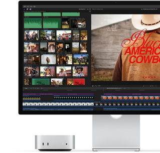 Mac mini paired with Studio Display, screen shows a title screen from a film titled Black American Cowboy on the right, several image stills on the left
