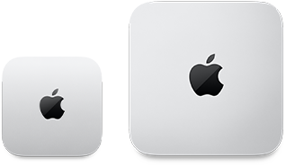 Two Mac mini devices, top, silver aluminum, rounded corners, glossy black Apple logo centered, device on left is updated release and less than half the size of device on right