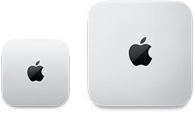 Two Mac mini devices, top, silver aluminum, rounded corners, glossy black Apple logo centered, device on left is updated release and less than half the size of device on right