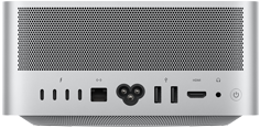 Mac Studio, back, perforated aluminum exhaust, four Thunderbolt 5 ports, one Ethernet, one power socket, two USB-A, one HDMI, one headphone jack, and power button