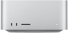 Mac Studio, front, two USB-C ports, SDXC card slot, status indicator light, tapered base at bottom, flat top, rounded sides, straight edges, silver color, Mac Studio, back, perforated aluminum exhaust, four Thunderbolt 5 ports, one Ethernet, one power socket, two USB-A, one HDMI, one headphone jack, and power button