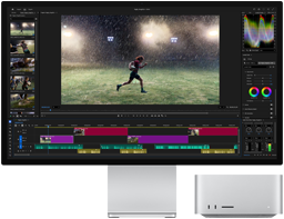 Studio Display XDR with built in stand, Mac Studio fits neatly under screen, video editing and color grading tools workflow on screen